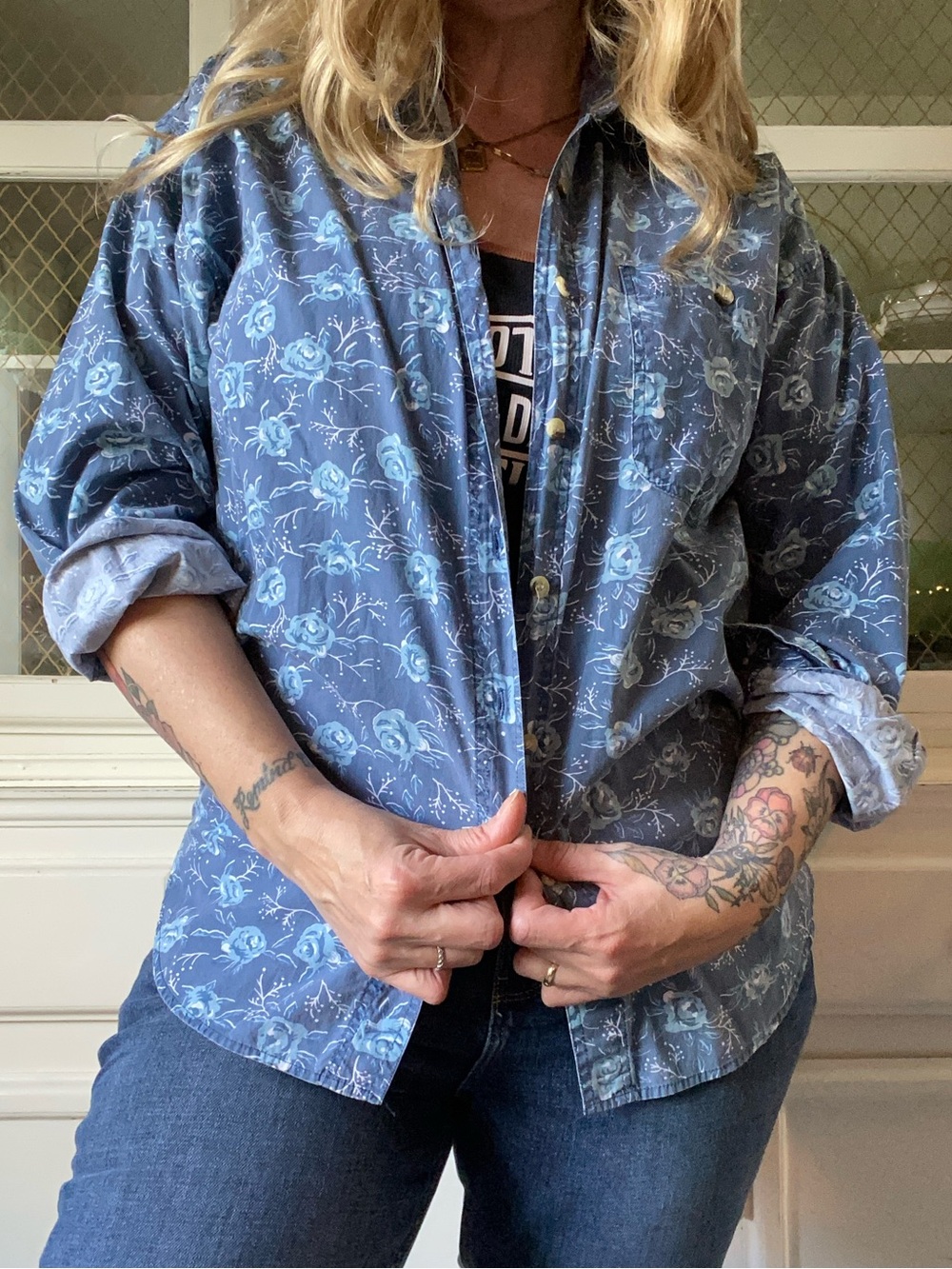VTG 90s Floral Chambray Cotton Button Down Blouse Cottagecore Flowers Oversized